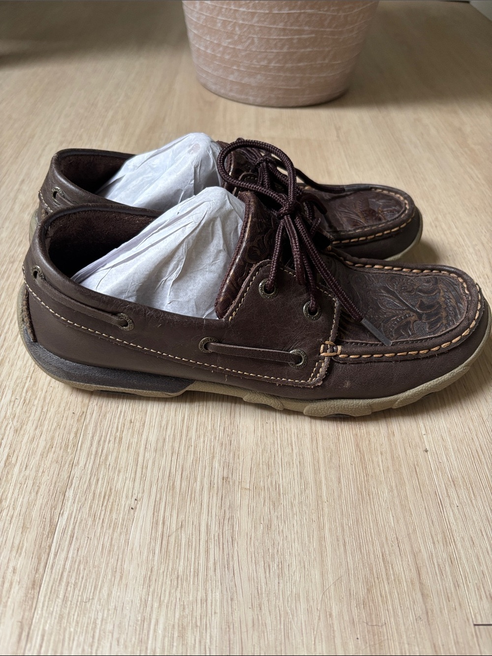 Twisted Brown Leather Boat Moccasins
